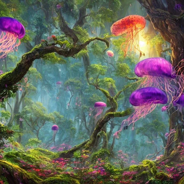 Powerful forest, living air, flying jellyfish, social and colective tree, synergy in life, Colective creatures, wonderful flying organisms, beauty as flower, colorful and detailed creatures, multiple species, detailed painting, splash screen, multiple complementary colors, fantasy art, fantastical and realistic landscape, intricate detail, 8k resolution trending on Artstation Unreal Engine 5