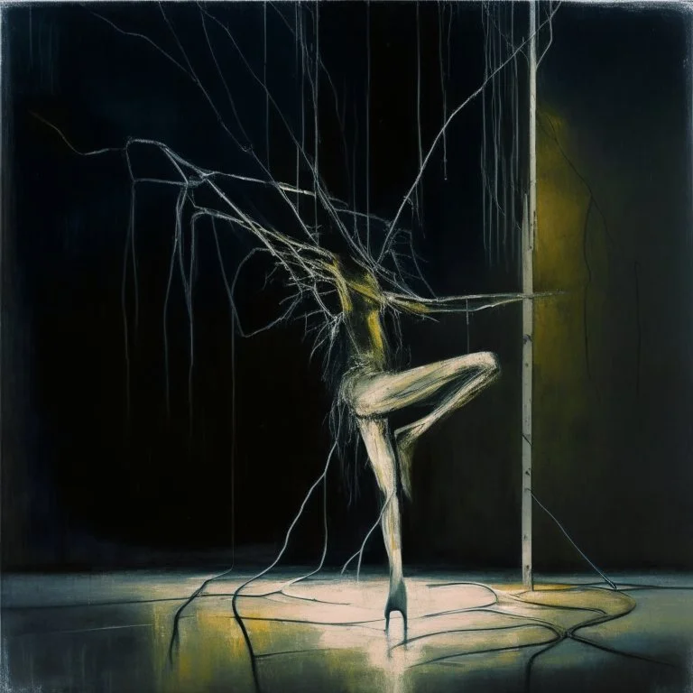 Minimal abstract oil painting of a dancer twisted limbs sinew. Amongst concrete fragments brutalist architecture and hanging wires illuminated at night. In the style of Justin Mortimer and Francis bacon