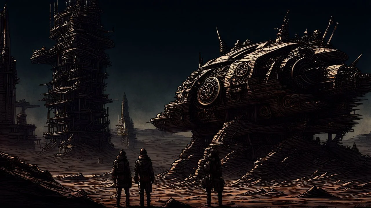 Chronomorph CybPost-Apocalyptic Tribal Wasteland , neo cyberpunk people, The atmosphere dystopian, mecha, ruins, sharp focus, intricate details, weird, cinematic, crepy stunning