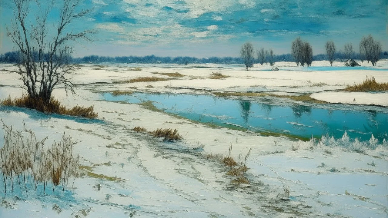 A cyan snowfield with falling snowflakes and a frozen lake painted by Vincent van Gogh