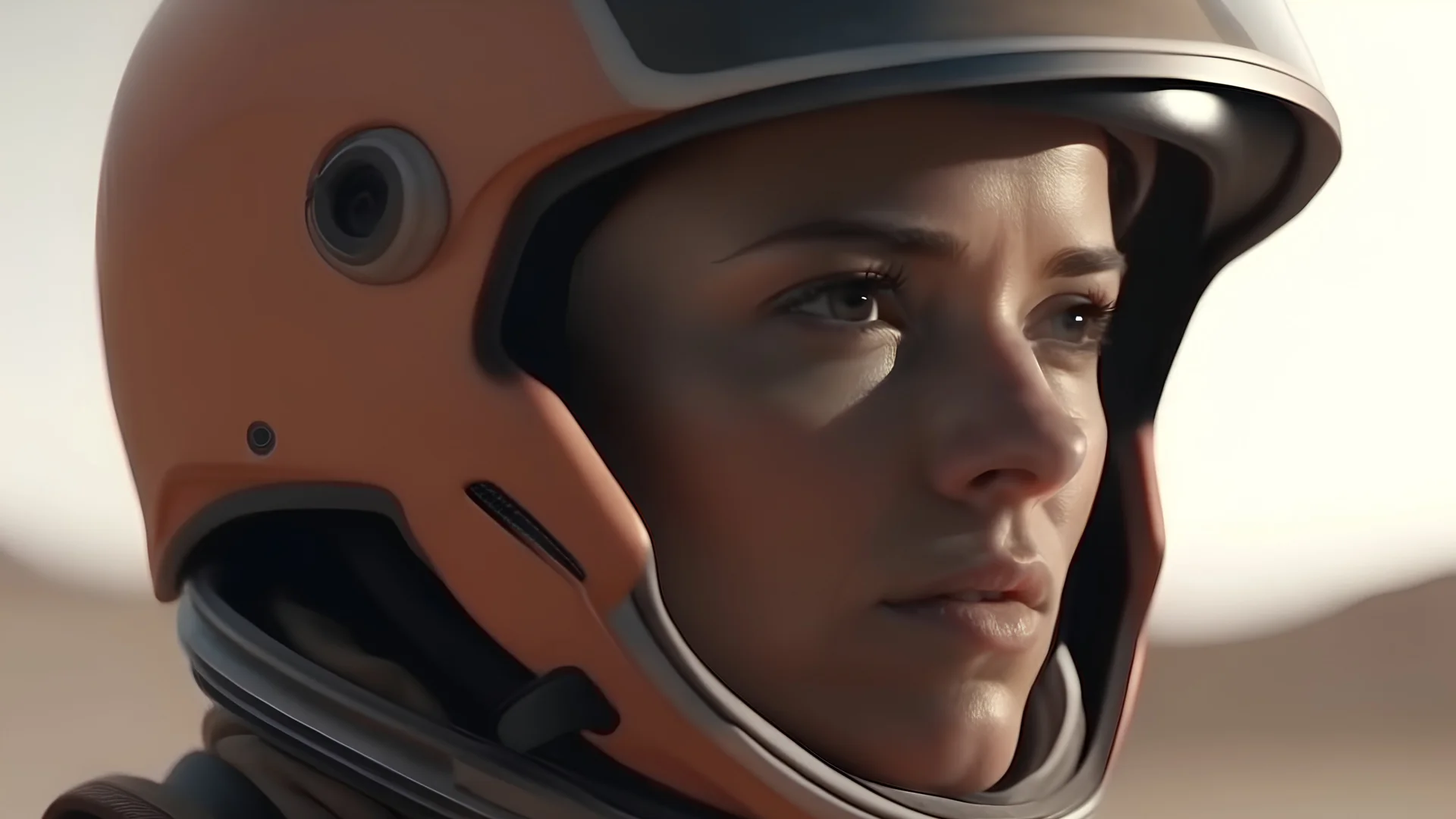 cinematic, female with astronaut windshield helmet, extreme close up Shot, sand - storm, mars desert, peach light, movie still style raw