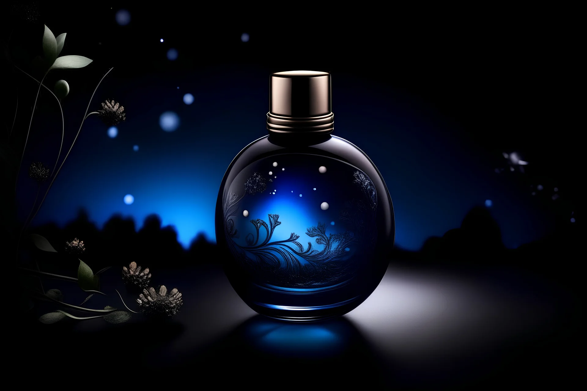 generate me an aesthetic complete image of a perfume with Moonlit Mirage
