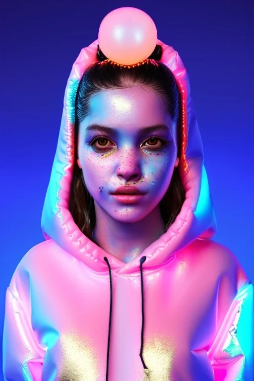 Ultra Realistic image, Rosalía artist, portrait, waist up portrait, long black eye line, sweet face, inflatable hoodie, gold pink and blue style, spray glow make up, led rings piercing, led geometric ornament, fog, hot, inflatable style bubble latex coat, vibrant color, highly detailed, art stations, concept art, smooth, unreal engine 5, god rays, ray tracing, RTX, lumen lighting, ultra detail, volumetric lighting, 3d, finely drawn, high definition, high resolution.