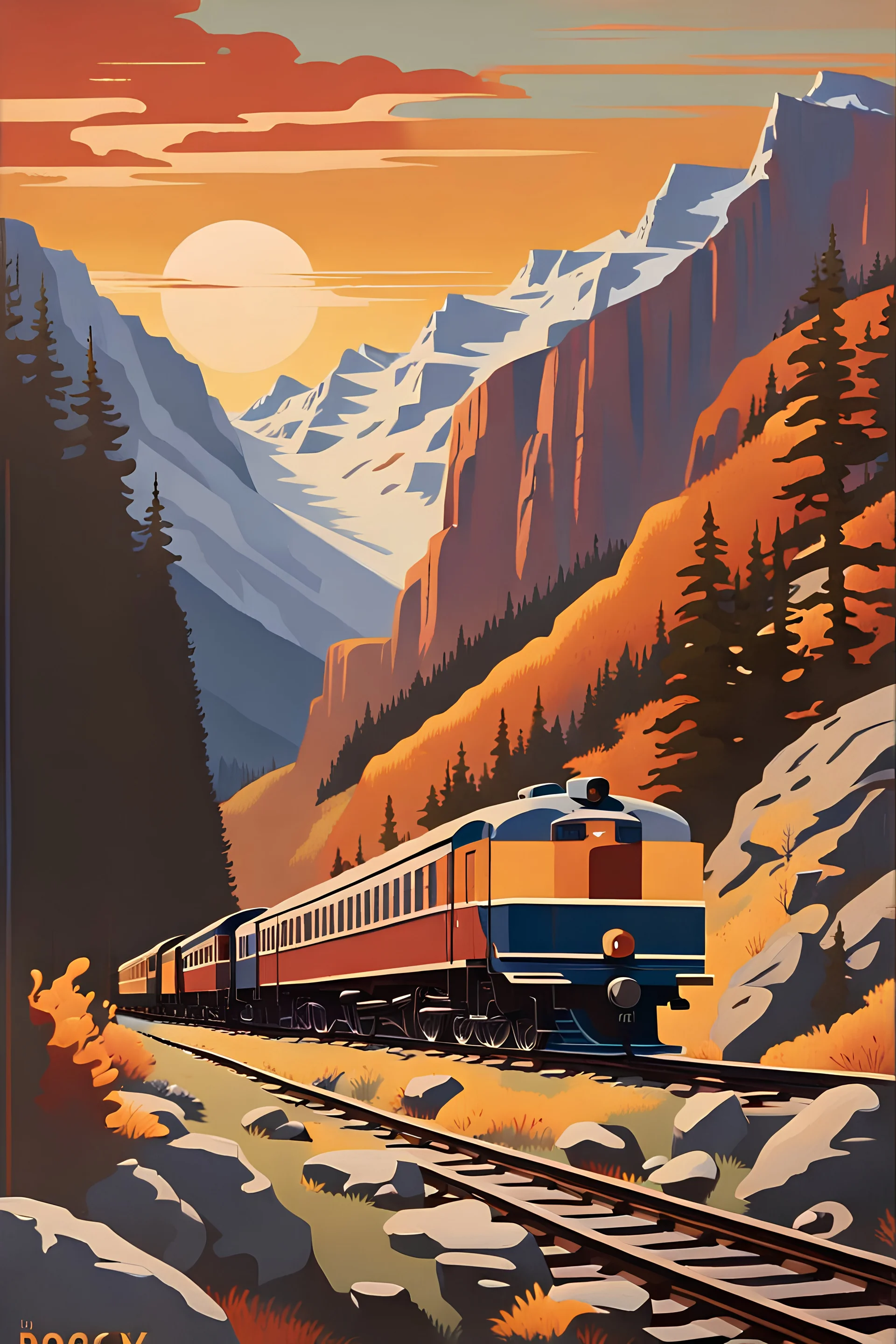 Create an acrylic-painted 1950s travel poster of a passenger train traveling through a mountain pass in the Rocky Mountains in the evening. Capture the sleek, classic design of the 1950s passenger train, its polished metal and vibrant colors reflecting the warm, golden hues of the setting sun. The train should be depicted winding gracefully through the rugged terrain, emphasizing its elegance and the excitement of mid-century rail travel. The surrounding Rocky Mountains should be portrayed with