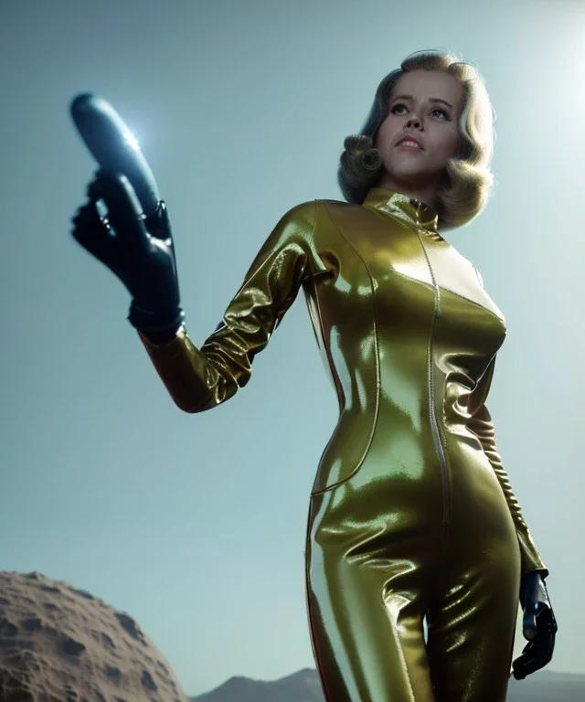 Ultra Realistic retro sci-fi image from 1960, spaceship, sweet young Jane Fonda, dress with tight latex suit, Retro sci-fi weapon, soft color, highly detailed, unreal engine 5, ray tracing, RTX, lumen lighting, ultra detail, volumetric lighting, 3d, finely drawn, high definition, high resolution.