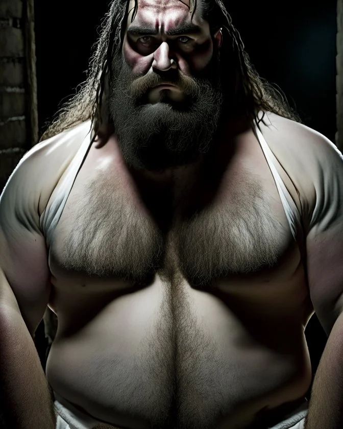 full figure shot photography of a burly chubby turkish prisoner , 55 years old shirtless in white dirty pants, long beard, long hair , in a dark prison, dirty, ugly, bullneck, muscular, manly chest, shirtless, bulge, misery and poverty, emotive eyes, photorealistic, ultradetailed, 32k, side view from below, dim light