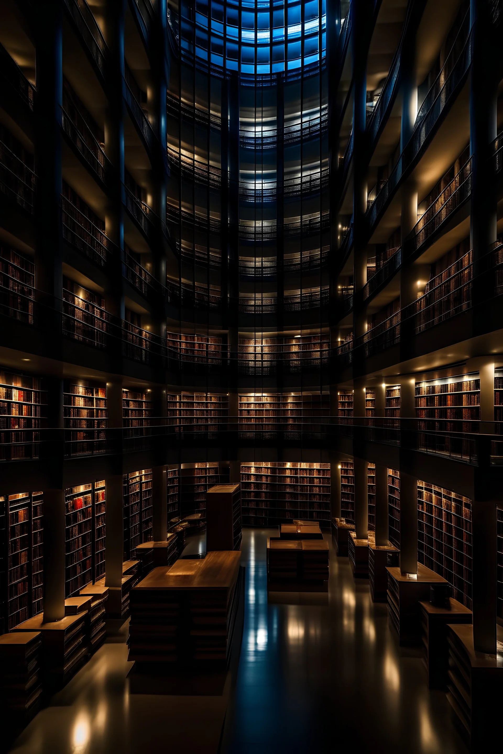 A large, international, electronically advanced, beautiful library full of books at night