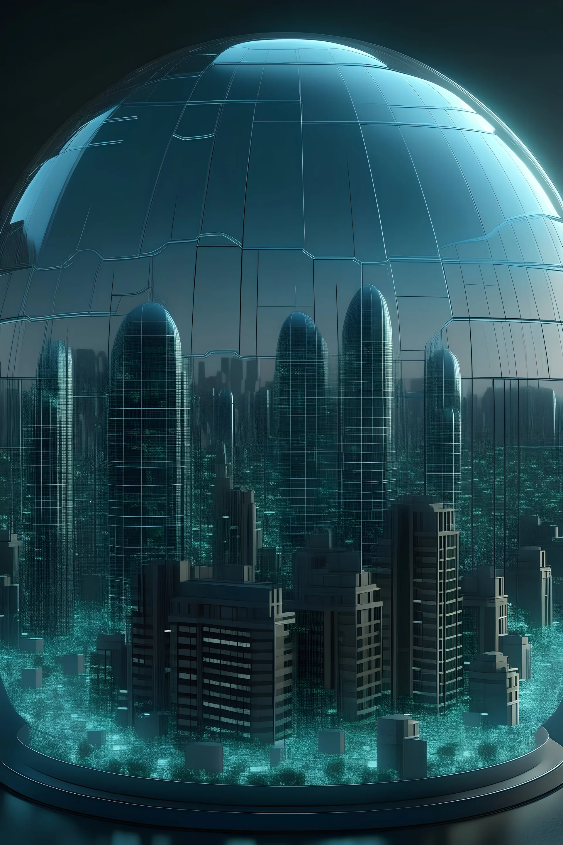 a digital illustration of a city under a glass dome over the top, realistic, detailed, high quality, 4k