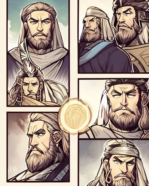 Mesopotamian warrior, expression serious, aura, portrait, background Mesopotamian city, comic style, long beard,