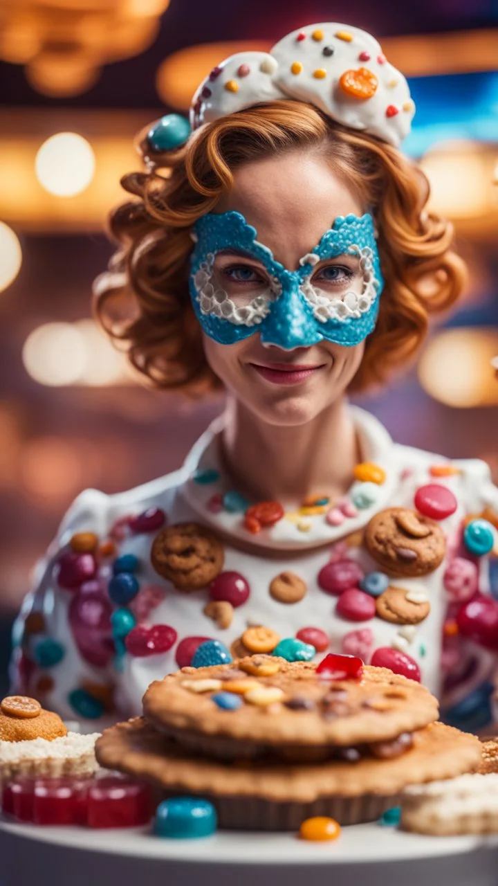 portrait of cute woman with cookie and jelly mask , baker of the highest many storied advanced art cake sculpture during a casino game show, bokeh like f/0.8, tilt-shift lens 8k, high detail, smooth render, down-light, unreal engine, prize winning