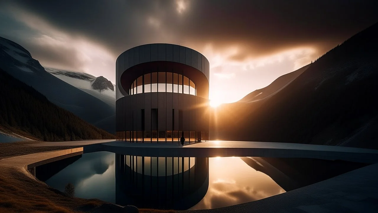 Un paisaje alpino surrealista al atardecer donde una enorme estructura geométrica de hormigón parece emerger directamente de una montaña, atravesada por enormes vacíos circulares. Un lago perfectamente inmóvil refleja la arquitectura y las nubes, mientras una pequeña figura adulta permanece sobre una plataforma frente al edificio. Fotografía conceptual de arquitectura surrealista, escala monumental, geometría precisa, brutalismo refinado, composición cinematográfica, luz crepuscular, atmósfera l