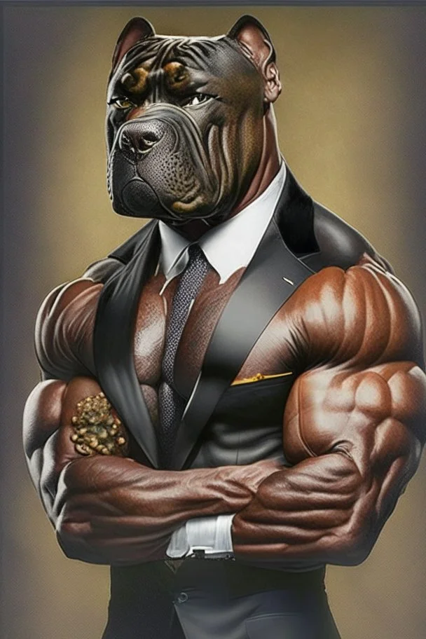 Bodybuilder Lee Haney with the face of a Rottweiler dog A dog's head instead of a person's head Only the player's body with a bulldog head on it He wears a luxurious black suit and holds a luxurious cigar