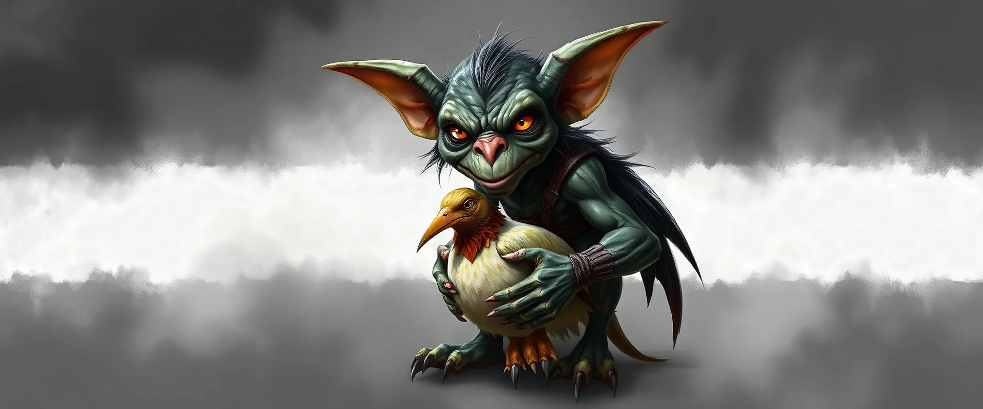 air brush 3d with pen outline, mongrel goblin gremlin holding big big bird with blurred shadow outline, charcoal fog border