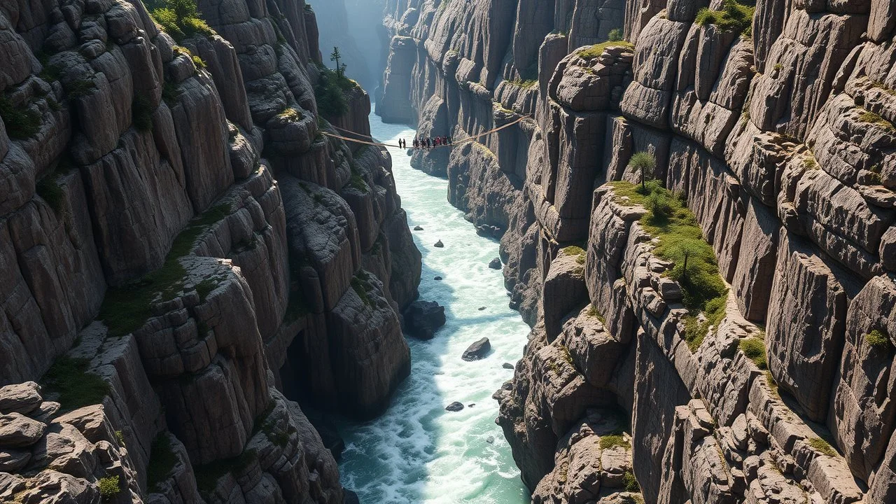 In a fantasy world, a deep gorge with vertical stone sides has a tumultuous river flowing at the bottom. At ground level, above the gorge, a rope bridge has been constructed to span across the gorge. People are walking across the bridge. The scenery is awe-inspiring. Colour photograph.