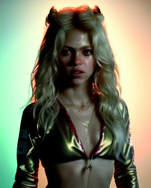 portrait, Shakira, blonde artist, angry, Realistic image, MMA robe, hoodie, mma gloves, loose long hair, eyes make up, gold line make up, moisture, sweat, fog, goddess, Neon colors, leds. Black background, photo studio, concept art, smooth, unreal engine 5, god lights, ray tracing, RTX, lumen lighting, ultra detail, volumetric lighting, 3d, finely drawn, high definition, 4k.