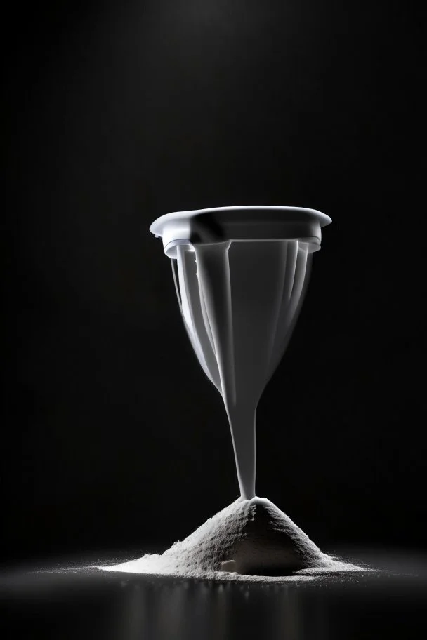 plastic scoop of protein powder, view from the front, dark studio setting, black background