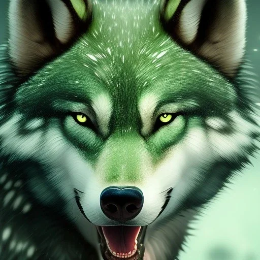 Green Wolf, red eyes, 8K, cinematic lighting, sharp focus, masterpiece, expert