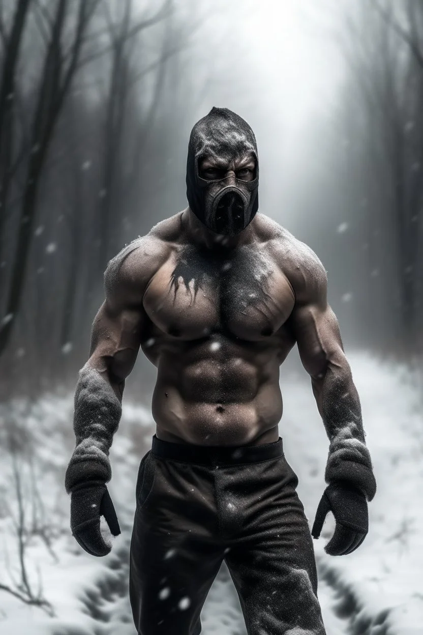 a man, muscular tough, shirtless, scarred, bruised, heroic, standing in a middle of a snowy wilderness, harsh cold climate, stormy, daylight, wearning an iron face mask cover, walking through storm, tough and strong vibes