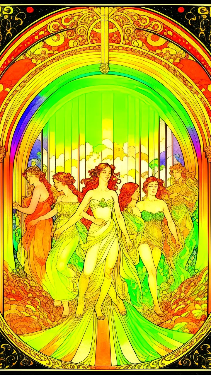 Track of oil with runners made of lights under they rainbow, in the style of Alphonse mucha