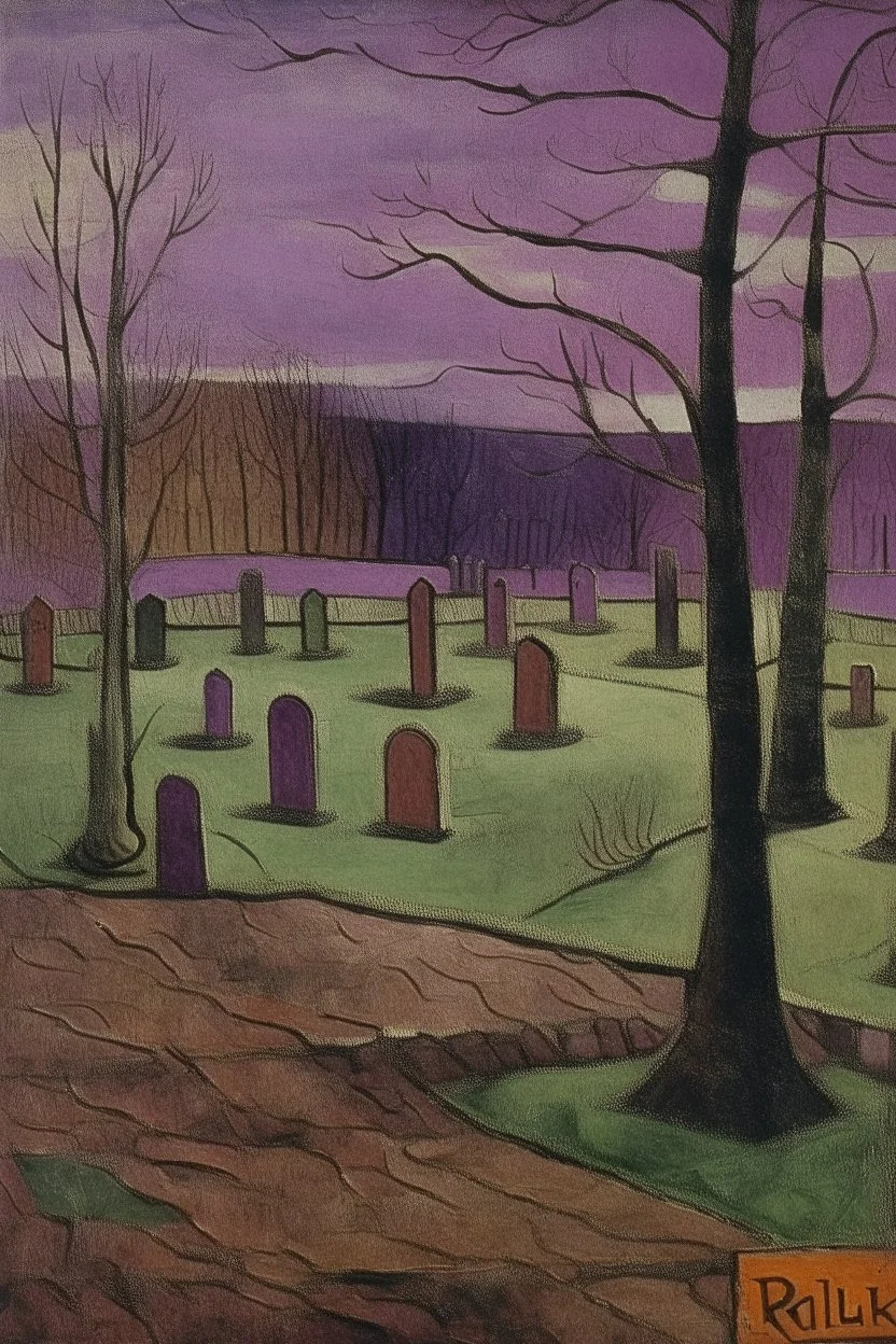 A dark purple graveyard with tombstones covered in dirt painted by Paul Klee