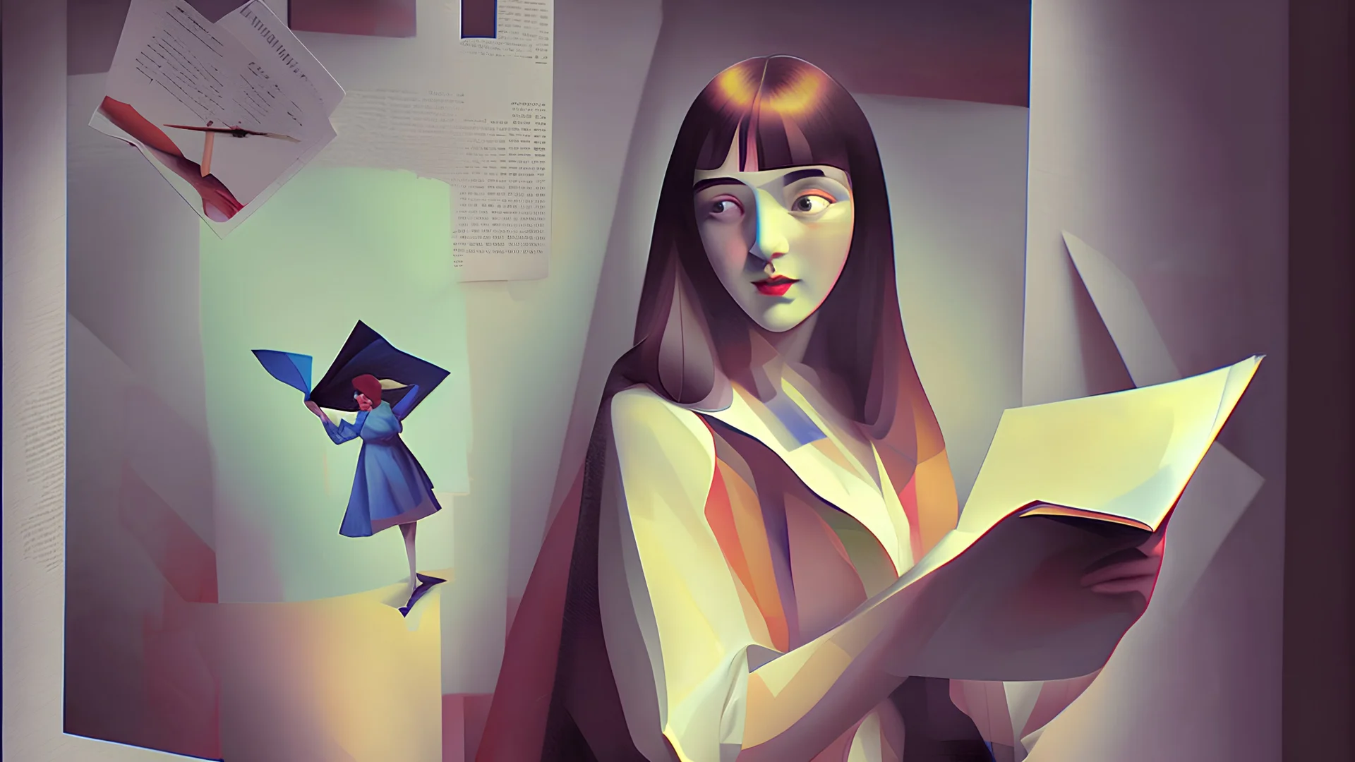 a painting of a woman holding a piece of paper, a storybook illustration by Hannah Höch, reddit contest winner, american scene painting, mixed media, academic art, dynamic composition