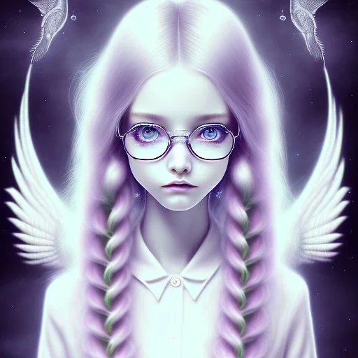  three girls, glasses, sueter, to bleed white lonely wind detailed wing of three tattoo fish princess, long white hair, cute, small girl, symmetrical, emotionless, big dreamy eyes, intricate, colored hair, dead eyes, emotionless face, long white hair, short, cute, Line art, small girl,Parametric Galaxy Hair, lady, Portrait, full body, realistic painting, detailed, medium shot concept art portrait by Greg Rutkowski,