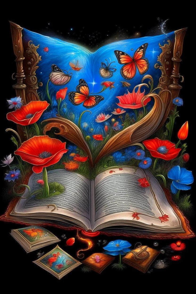 A thick magic book lies open on the table.Poppies + cornflowers + lilies of the valley grow vertically from the book.butterflies are flying.3d.Candles burning brightly.Multilayered + multidimensional + Filigree.Magic+Beauty + antiquity. Colored watercolor pencils+Detailed fine ink drawing. luxury +Alfonso the Fly. Diamond glitter.Juicy.Ultrarealism.botanical art.Luxury. High resolution. Clarity.Voluminous.Depth.Aesthetics of old books