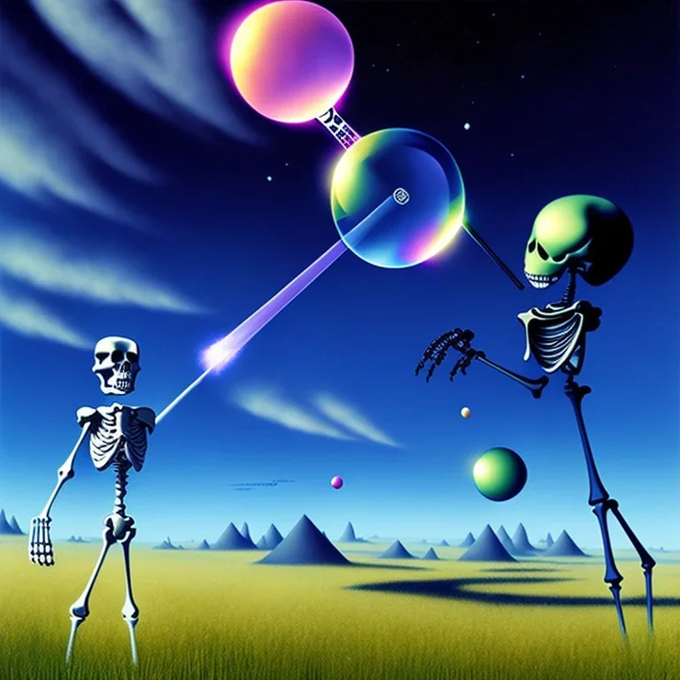 The Grim Reaper and the Skeleton on bubble world, discussing the future of the universe, art by Magritte and Pixar