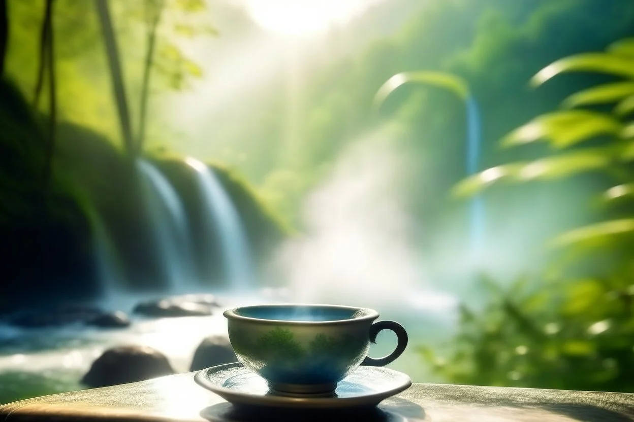 steaming tea in a beautiful china cup on a wooden table, rainforest and a waterfall in the distance in sunshine, ethereal, cinematic postprocessing, bokeh, dof