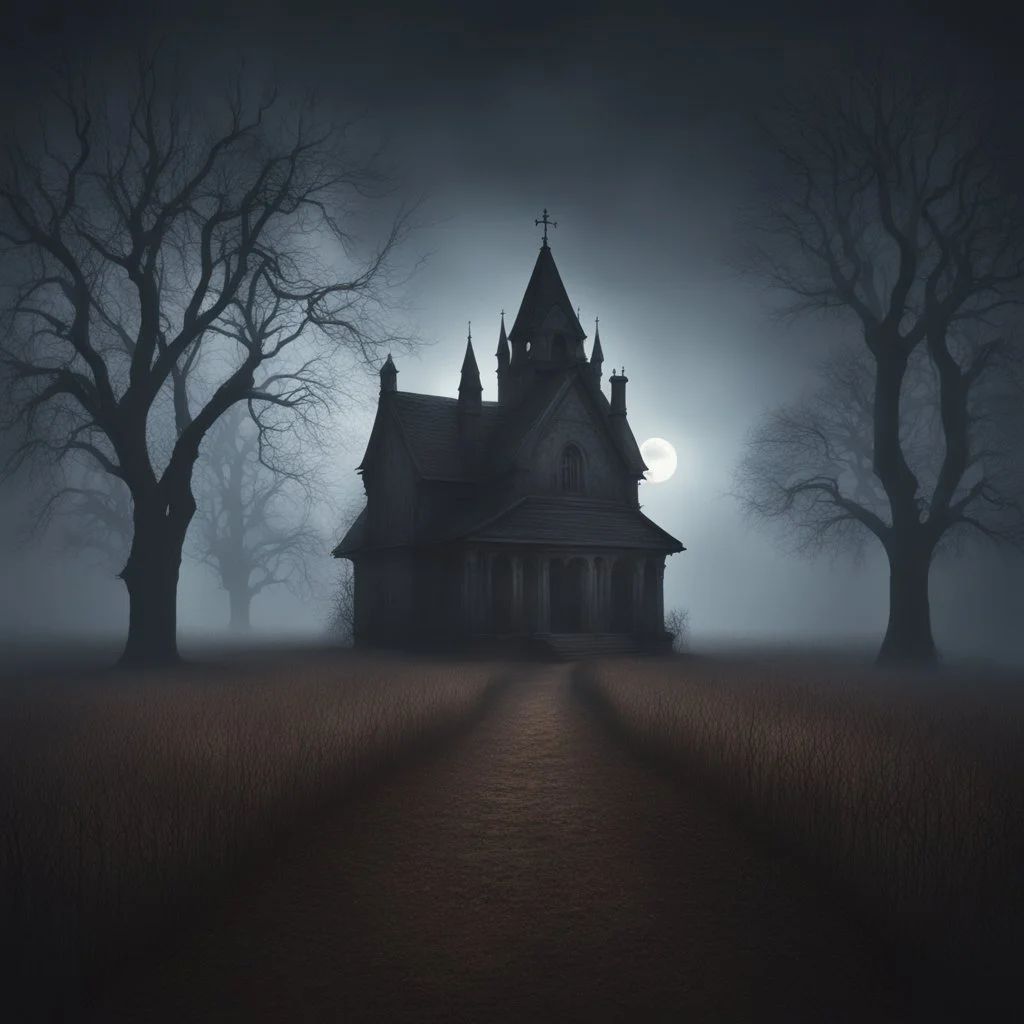 Hyper Realistic Haunted Dark Chapel between a Field & dry old tree at heavy foggy night