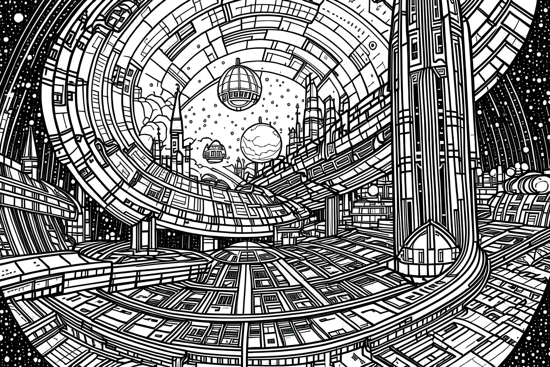Visualize a black & white coloring book with thick contours and lines, all fitting within an 11x8.5 inch space. Diverse starships, each with distinct designs and functions, offering a cosmic coloring adventure.