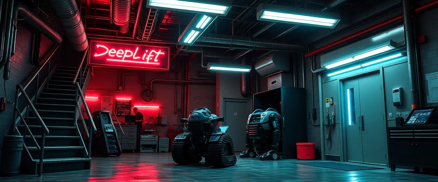 Scene 1: Introduction to DeepLift Systems Location: The DeepLift Systems garage, deep underground, with stairs and elevators. The atmosphere is modern, neon signs lighting up the space, with clean lines and sleek, industrial design. The place feels more like a high-end, commercial garage or workshop—very polished, but with a faint sense of mystery lurking beneath the surface. Action: The Mechanic (Name TBD): We start with the mechanic working diligently in his garage, maintaining advanced robots