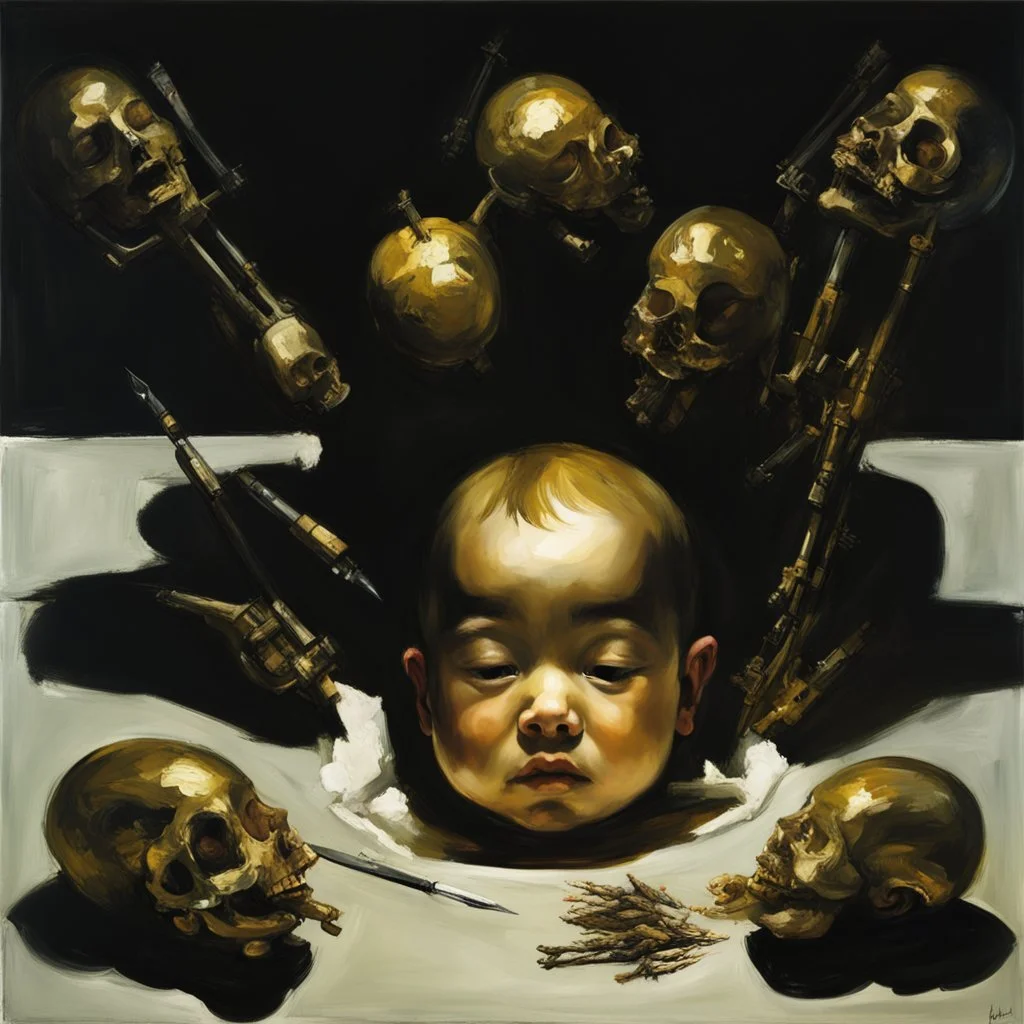 a huge golden brain supported by very small beautiful Asian female human bodies, complex surgical instruments mix a newborn boy between light and shadow, surrealism, symbolism, minimalism, sculpture by Adrian Ghenie, Lucian Freud, Rene Magritte, Salvador Dali