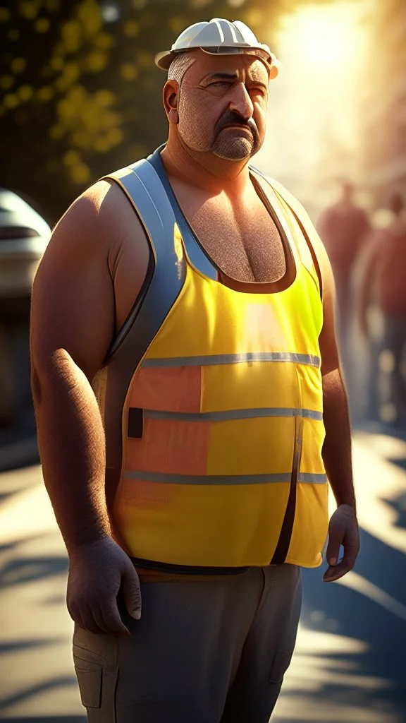 full figure shot photography of two turkish dirty burly construction workers chubby sweat 55 years old in tank top, safety vest, manly chest ,in queue on a sidewalk,, photorealistic, sunlight, summer, ambient occlusion