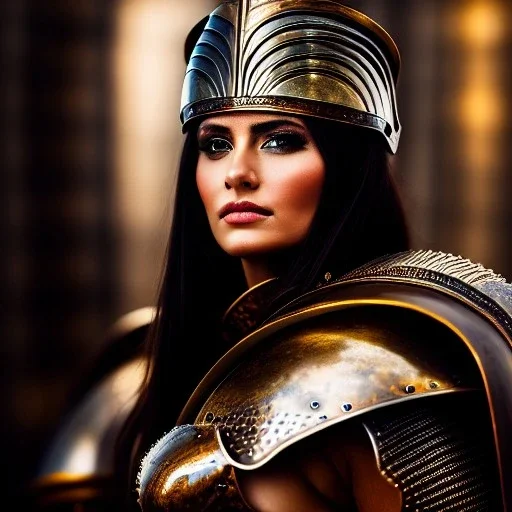 portrait oil on canvas of beautiful busty Female Warrior,ancient metal armor, cinematic composition, extreme detail,8k,fit full head inside picture,