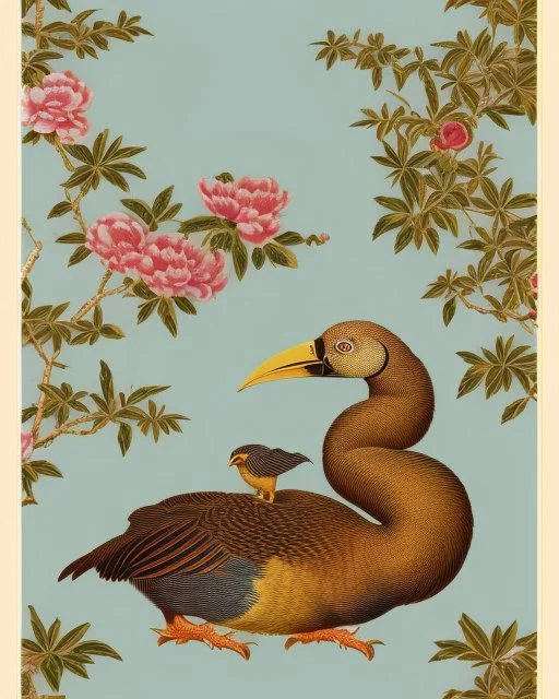 a repeating pattern of Vintage European chinoiserie wallpaper with dodo bird and oak leaf branches