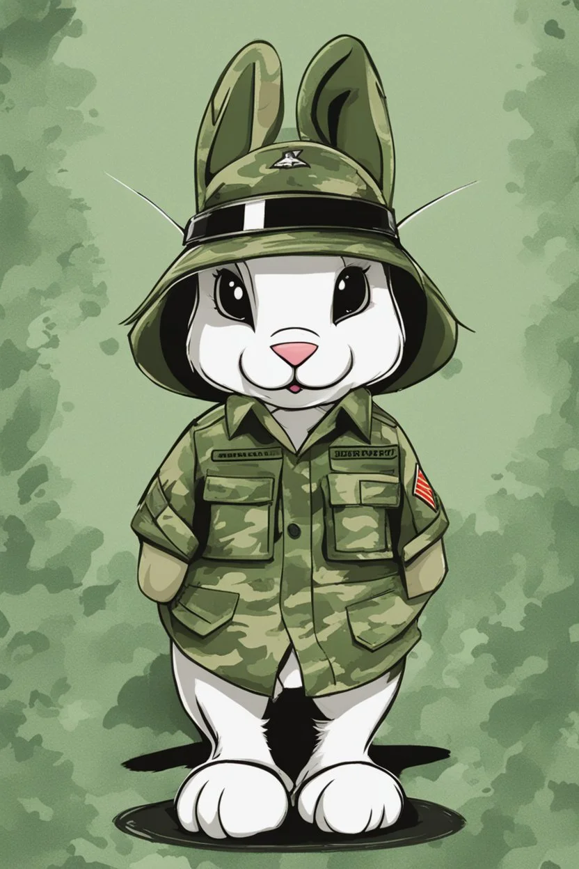 A pfp of a cute army bunny with army hat, camo shirt