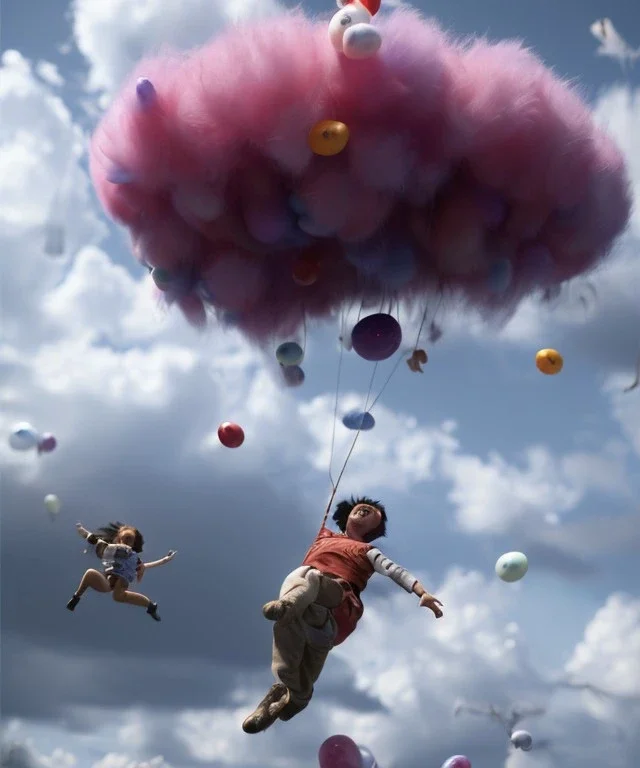 Ultra realistic speed clouds sky scene, wide angle view, strong men falling down with many Childs background, circus dress style, feather color, free jumping flying, many trinkets, hair monster, many jelly beans, balls, color smoke, smile, happy, extreme, wind, clouds sea, 20,000 feet altitude, stratosphere, soft color, highly detailed, unreal engine 5, ray tracing, RTX, lumen lighting, ultra detail, volumetric lighting, 3d, finely drawn, high definition, high resolution.