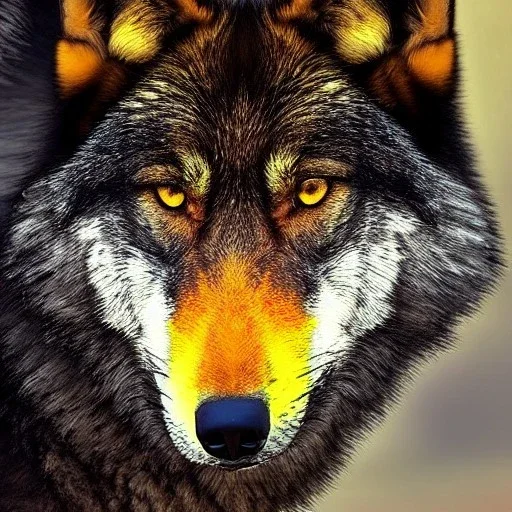 Black wolf with yellow and red