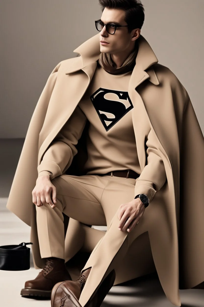 Men's DC Fashion runway Winter outfits inspired by Superman Emblem design beige tones