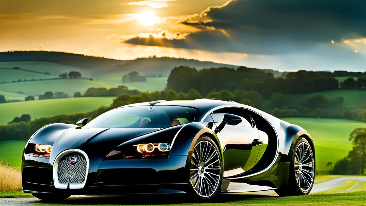 A sleek ((( bugatti bmw fusion))) with a majesticly curved rear, cutting through a (sunny, open countryside) backdrop