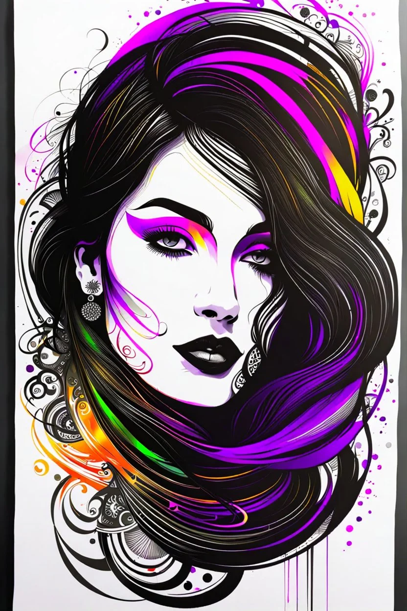 an abstract calligraphic portrait of a goth girl , finely drawn and inked, 4k, hyper detailed and vibrantly colored in the calligraphy style of Soraya Syed