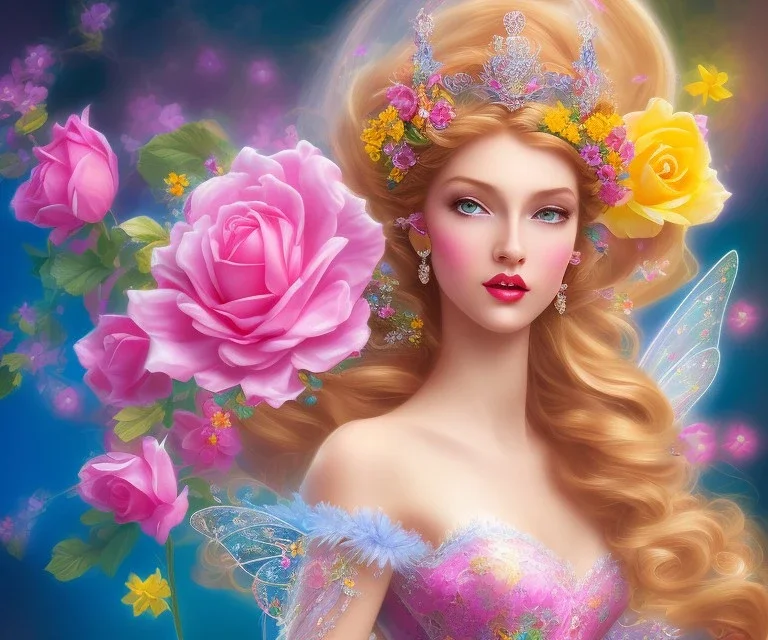 beautiful bright happy fairy portrait with long hair, thin face, two hands in a pink,blue, yellow flowers background,