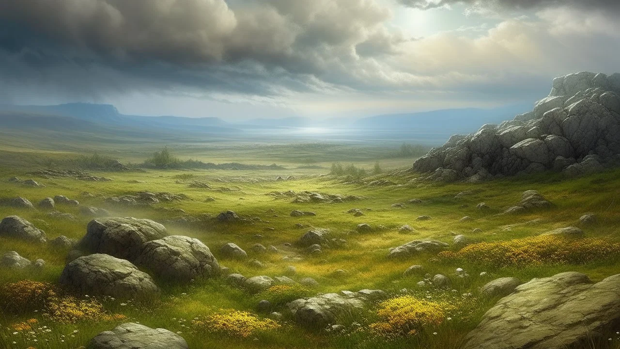MESETA ROCOSA ELEVADA CON HUMEDAL, PIEDRAS PULIDAS, PRADERAS, CIELO NUBLADO, LLUVIA LIGERA, COMPOSICION PERSPECTIVA PROFUNDA, ILUMINACION TONOS FRIOS, ESTILO PINTURA AL OLEO REALISTA, DETALLES: DETALLES FINOS EN FLORA Y FAUNA, SUAVIDAD O RUGOSIDAD NATURAL DE ELEMENTOS,