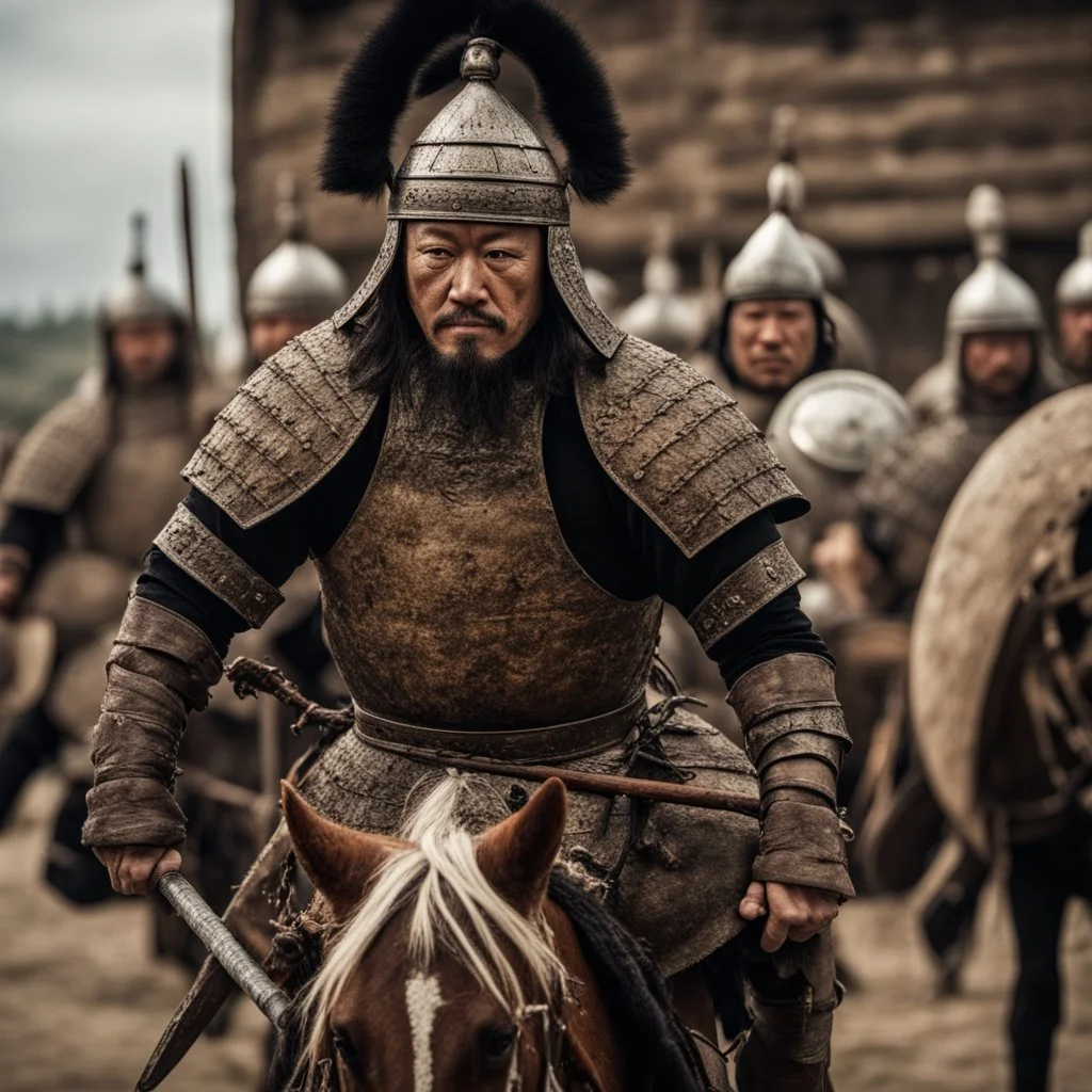 Close-up of a warrior the 1200s and a Mongol warriors, strong athletic build, cinematographic photo