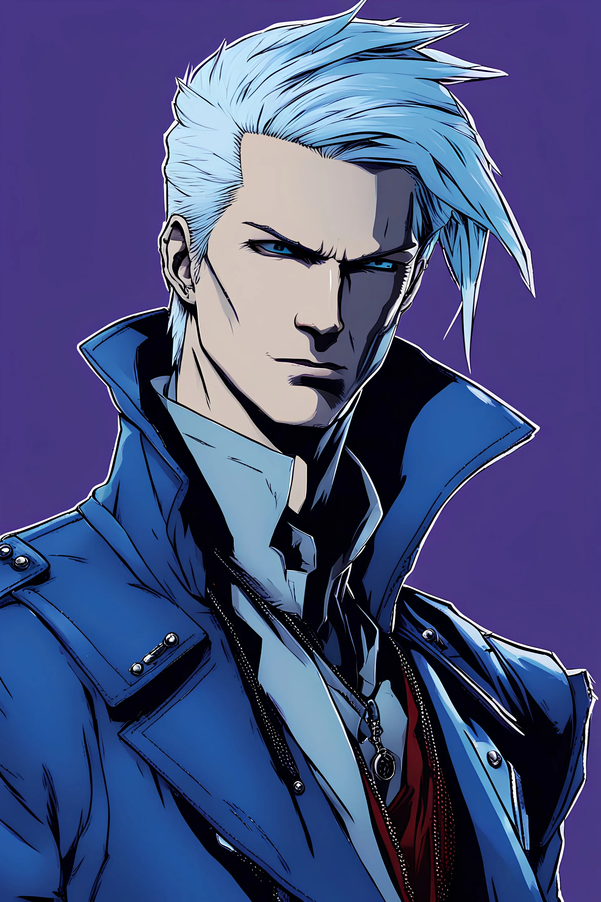 an illustration of vergil from devil may cry, with blue colored hair, with two pointy ears, wearing a blue trench coat