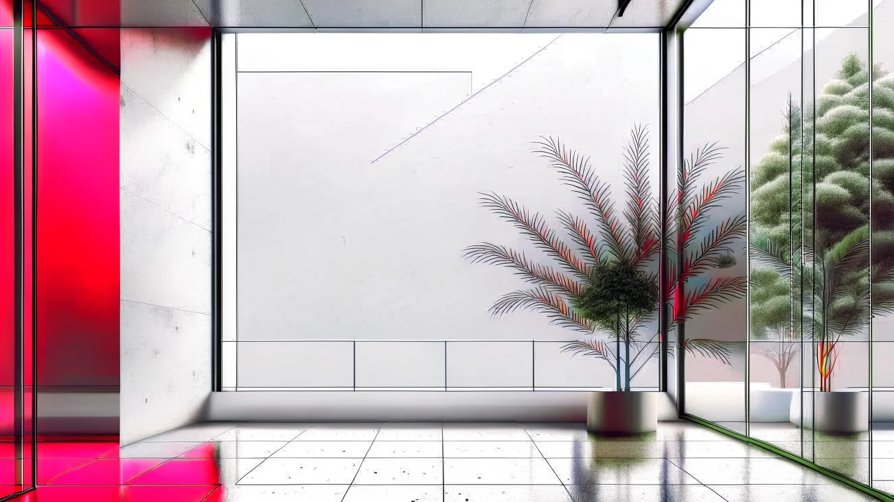 Minimalist background for video calls. Mostly grey with some red. Serene, futuristic, with a very wide window and with some plants outside.