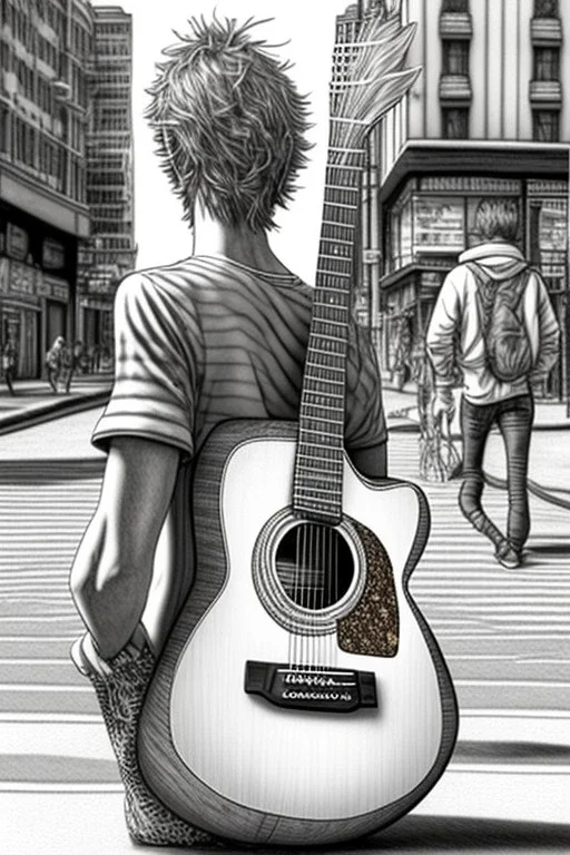 One single mature light cat, friendly, playing guitar in the street, sunny day, model style, hyper realistic, extremely accurate, delicate, extremely detailed, Graphic novel style, wide-angle, open aperture, superfine pencil