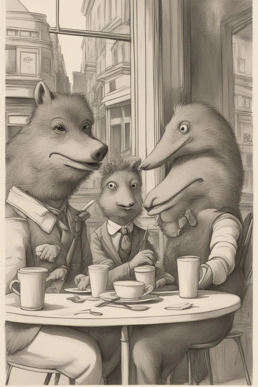 Anthropomorphic animals in a cafe street scene