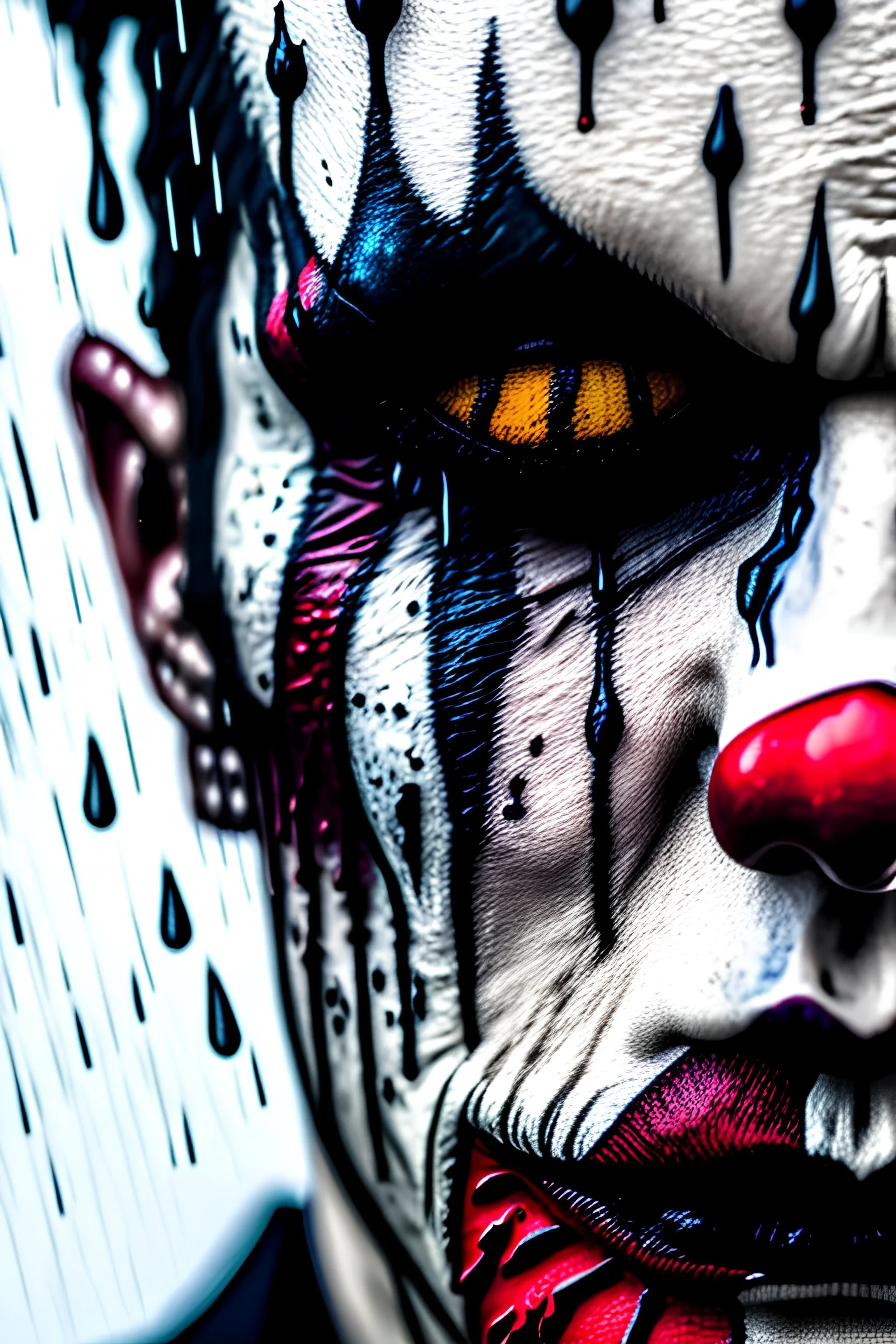 ultra detailed and highly realistic image of a gothic, scary clown, close up of him standing in the rain, the rain messed up his face makeup as it smudged of his face, chaotic, dramatic upclose view, 32k, splatter paint style